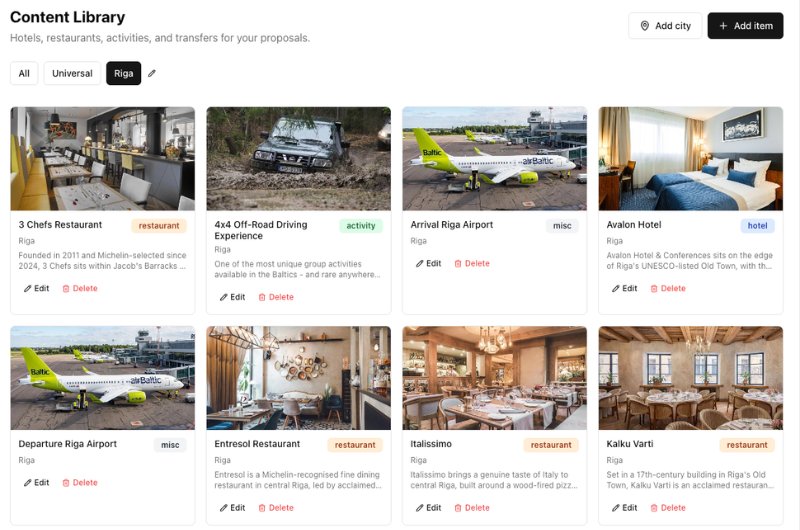 MICE WOW content library with hotels, restaurants, and activities