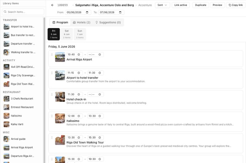 MICE WOW proposal builder with day-by-day program timeline